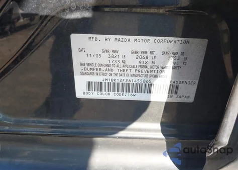 2006 Mazda Mazda3 I z USA, uszkodzony, nr VIN JM1BK12F261455865